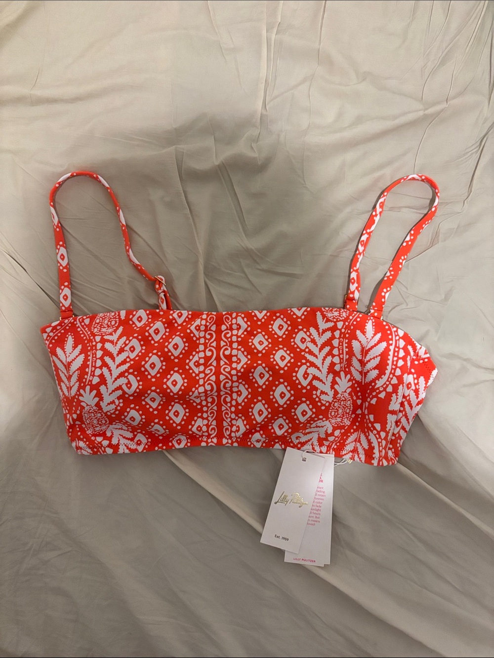 NWT Lilly Pulitzer Vizelle Bandeau Bikini Top in Flamingo Feather Orange White